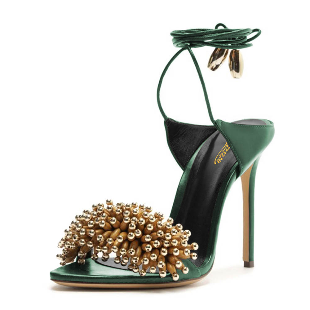 Green Pointed Toe Stiletto Heel Ankle Strap Sandals for Women Nicepairs