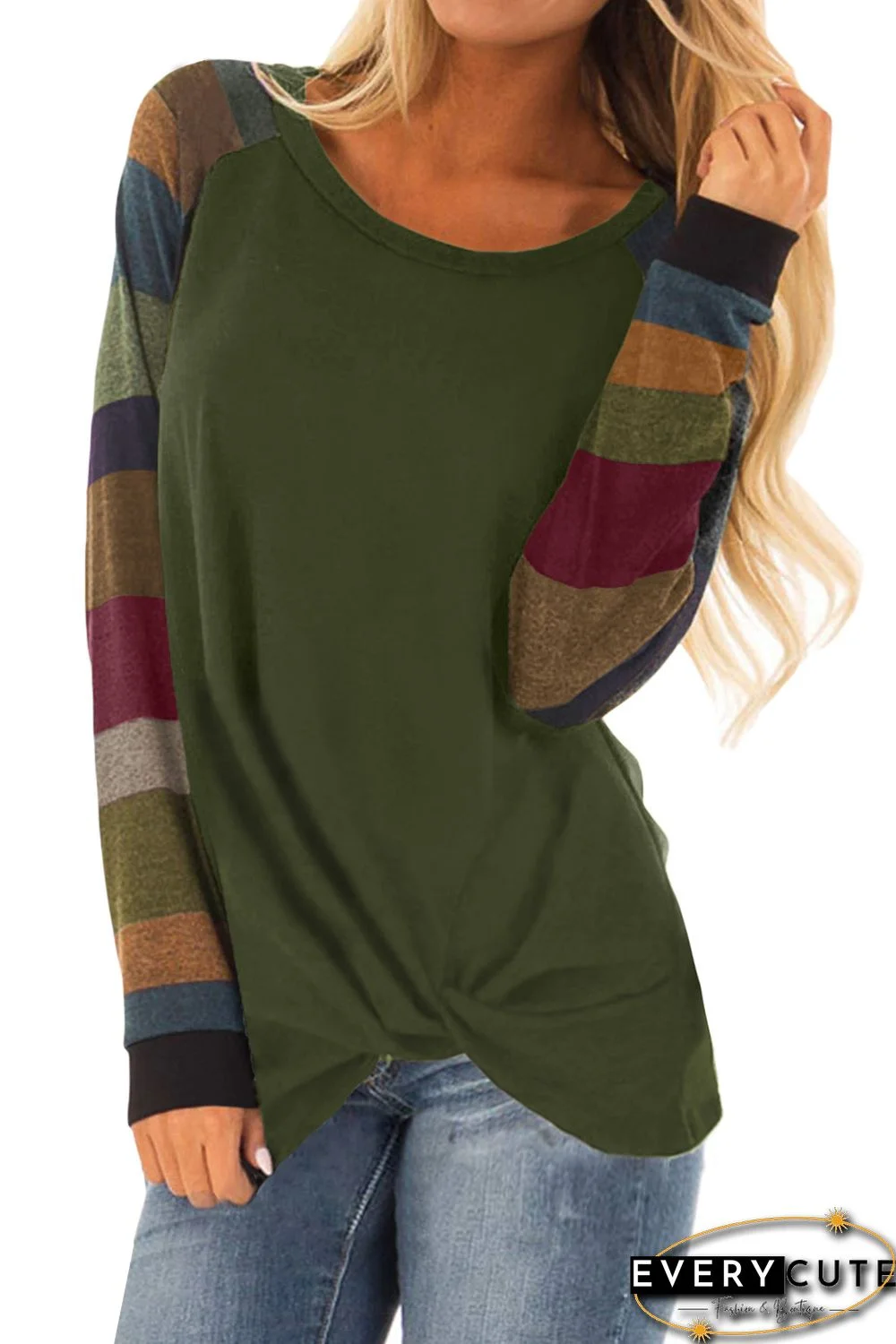 Green Color Block Striped Twisted Knot Long Sleeve Top