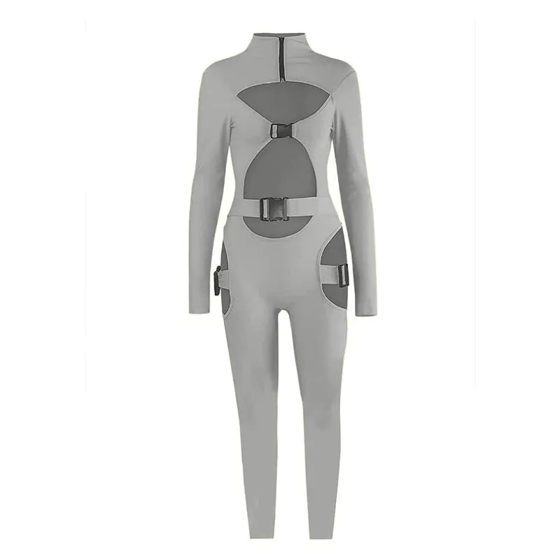 Sexy Women Bodycon Jumpsuit Solid Color Overalls Long Sleeves Rompers Bodysuits High Neck Hollow Out Buckle Biker Short Clubwear