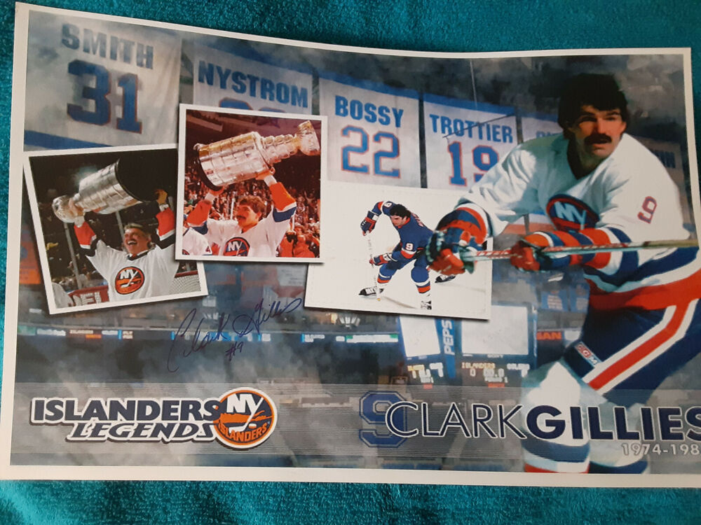 NY Islanders Clark Gilles  HOF'er autographed 11x17 color action  Photo Poster painting #9 added