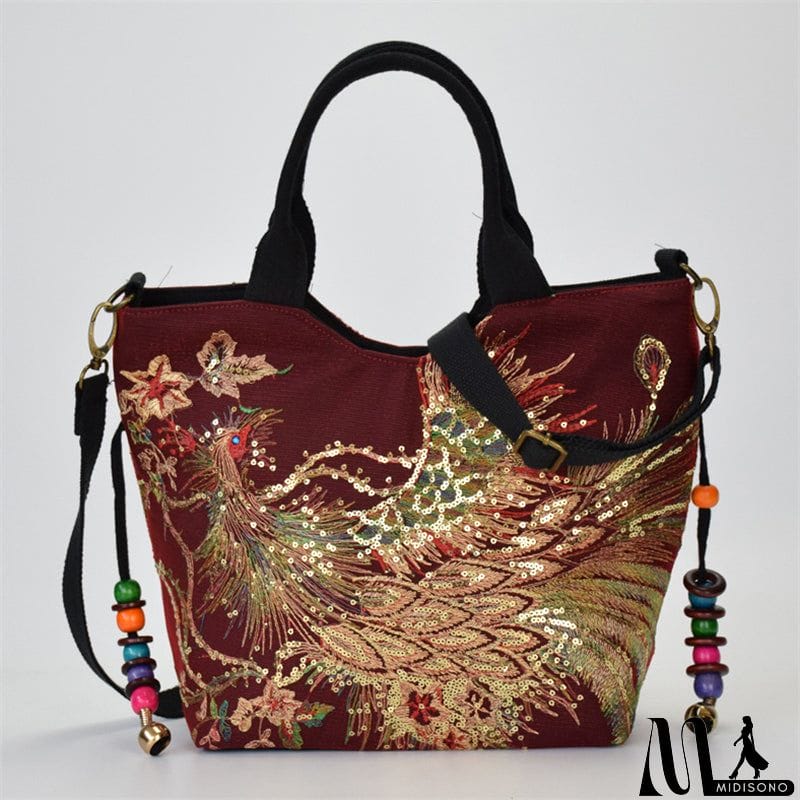 MidiSono - Women's Ethnic Style Lifelike Peacock Stitchwork Handbag