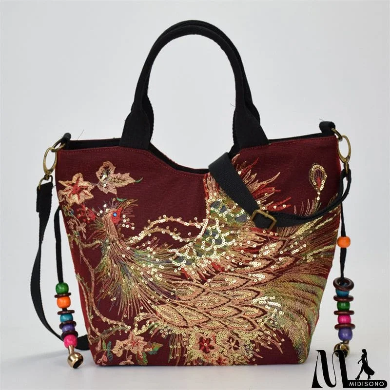 MidiSono - Women's Ethnic Style Lifelike Peacock Stitchwork Handbag