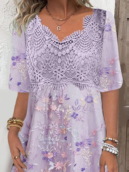 Women Half Sleeve V-neck Solid Color Dress