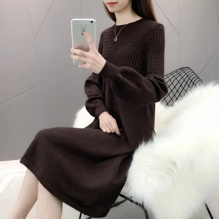 Large Size Loose Solid Casual O-Neck A-Line Autumn Winter Sweater Dress Female Dress Sweater Bottoming Maternity Spring Dress