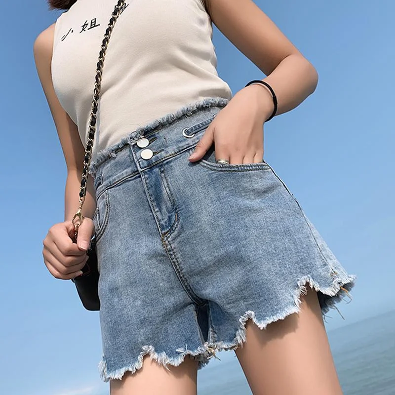 FTLZZ New Summer Women High Waist Hole Blue Denim Shorts Casual Female Single Breasted Jeans Vintage Ladies Shorts