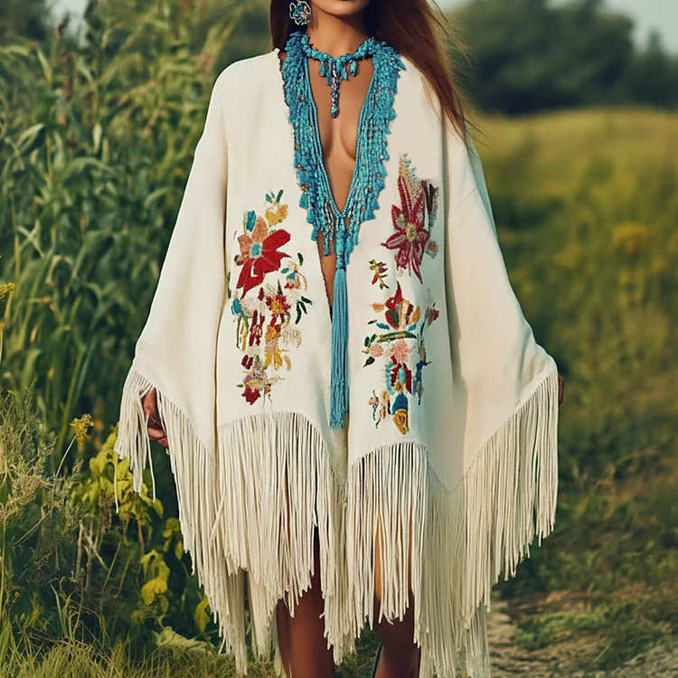 Ursime Boho Floral Embroidery Fringe Trim Cape