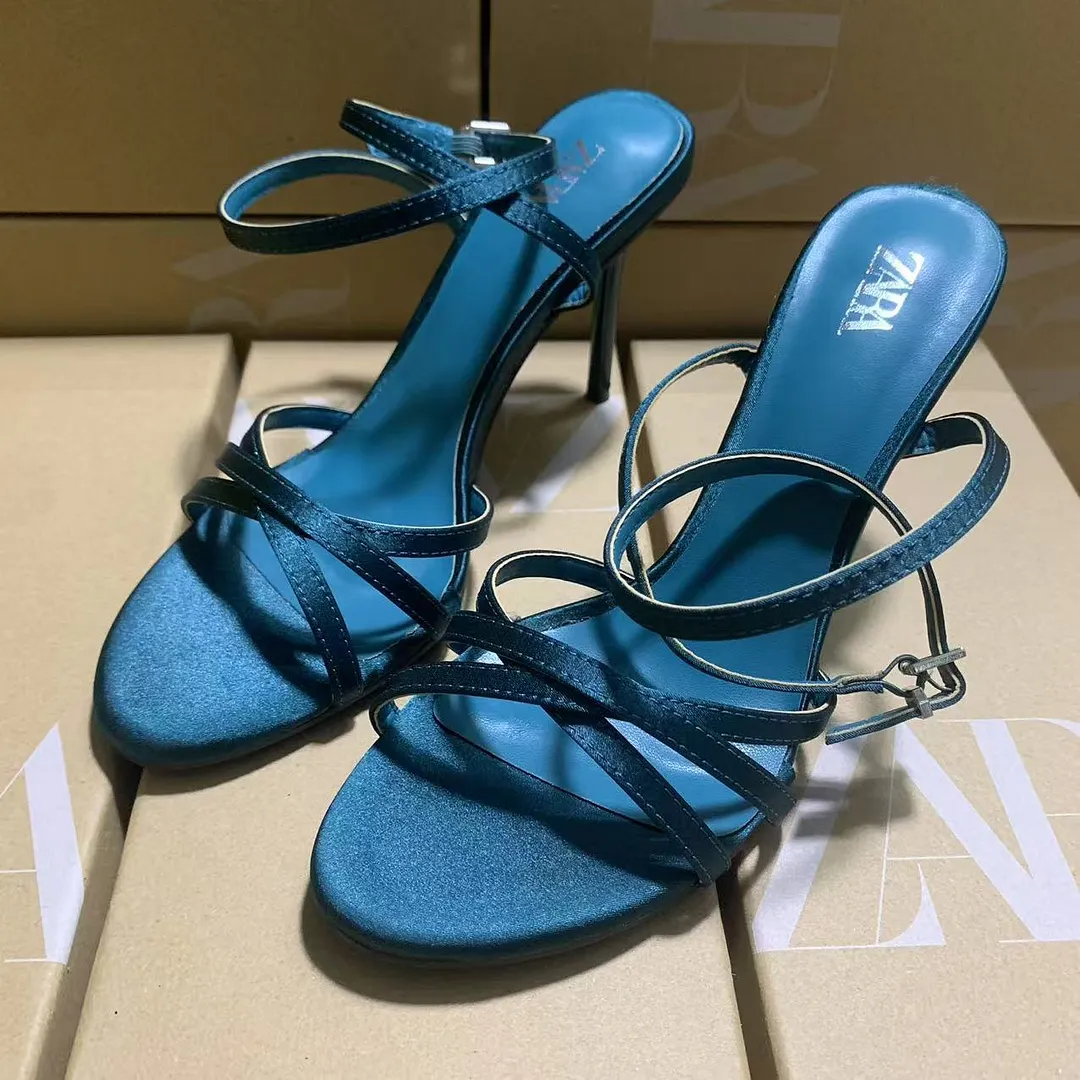 Breakj Breakj Home 2025 New French High-Heeled Women's Shoes Tip With Cross-Clasp Fashion Dew Sandals Female Peacock Green
