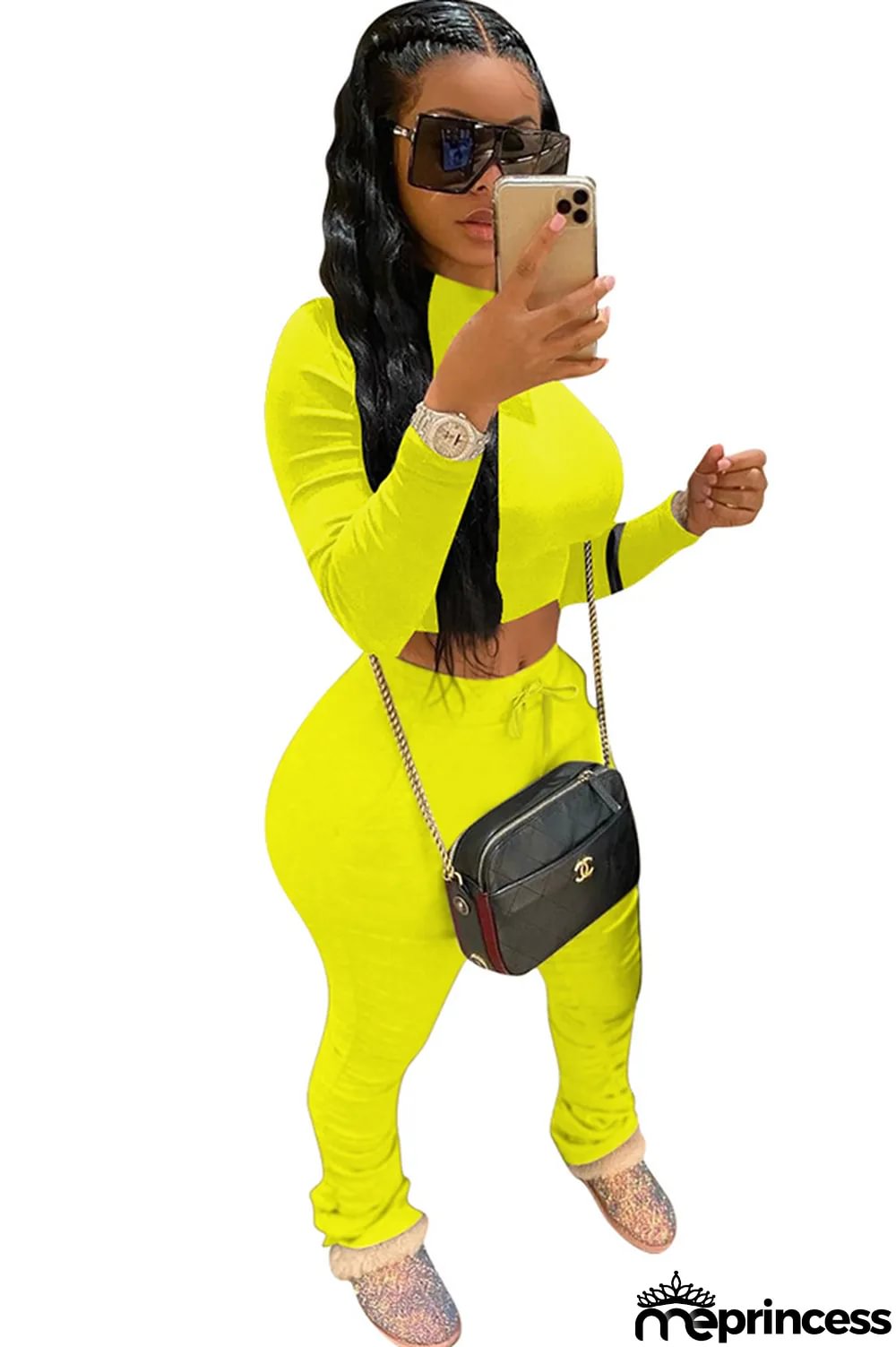 Yellow knit Sexy Fashion Patchwork Two Piece Suits Solid Straight Long Sleeve