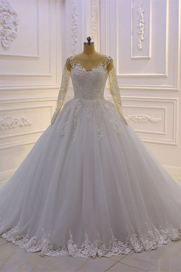 Bateau Long Sleeves Lace A-Line Wedding Dress With Pearl Tulle Appliques