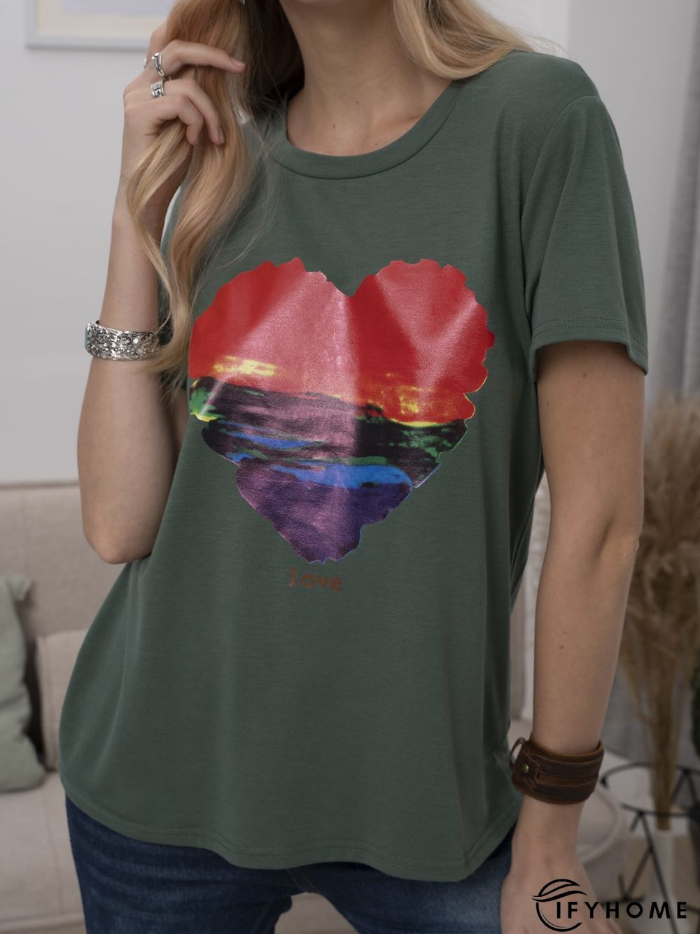 Plus Size Cotton-Blend Short Sleeve Geometric Casual T-shirt | IFYHOME