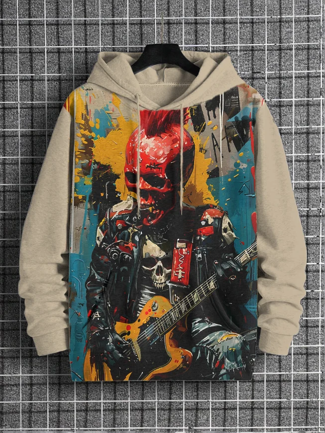Men's Punk Rock Skull Guitarist Print Casual Hoodie