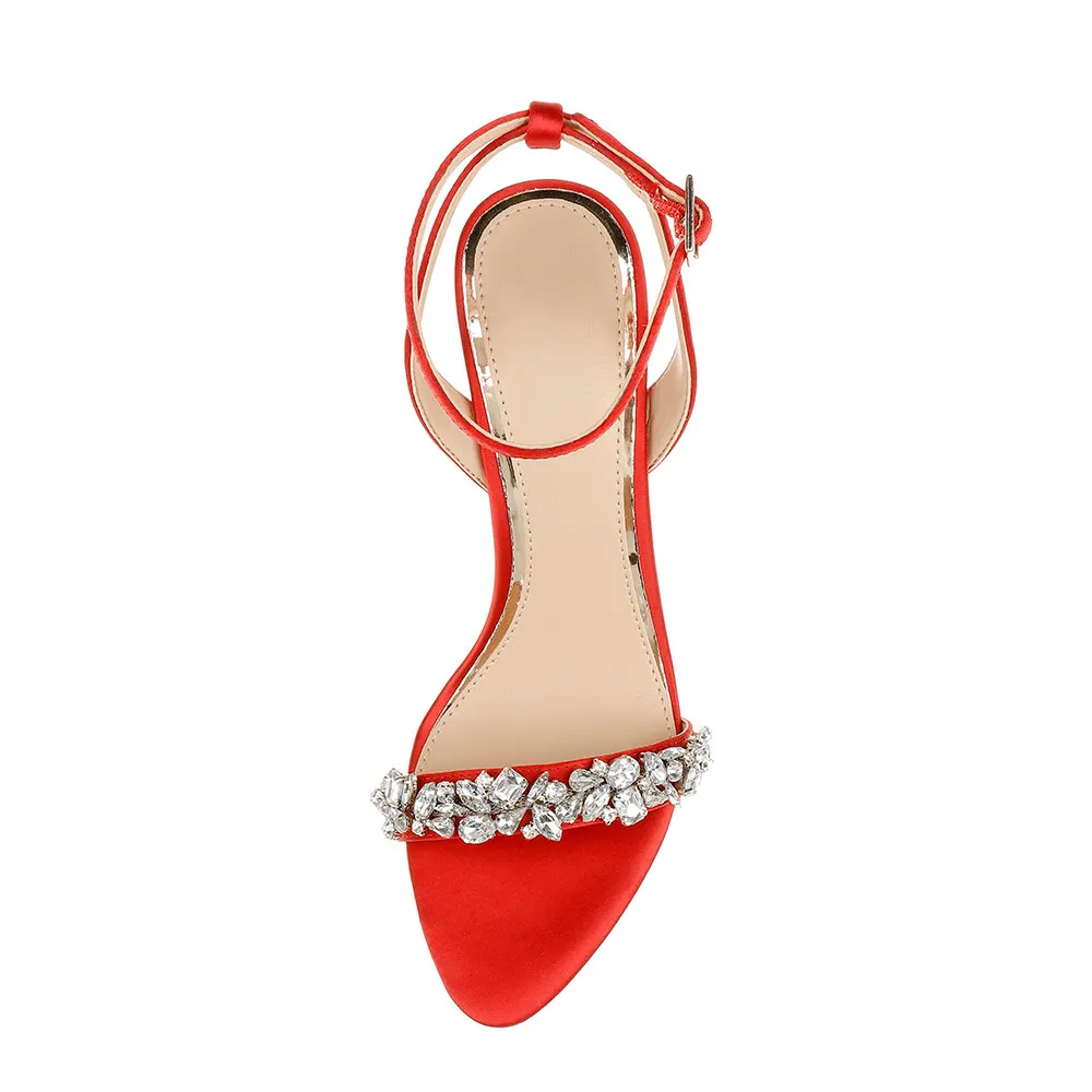 Satin Open Toe Rhinestone Red Ankle Strap Stiletto High Heel Sandals