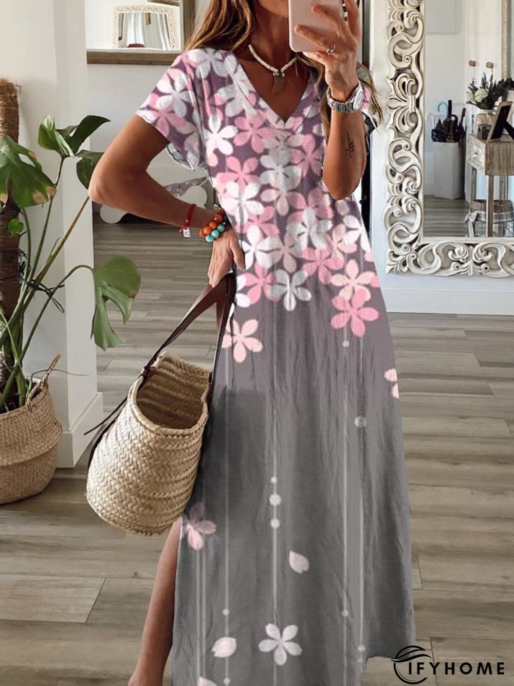 Casual Floral Short Sleeve V Neck Printed Dress | IFYHOME