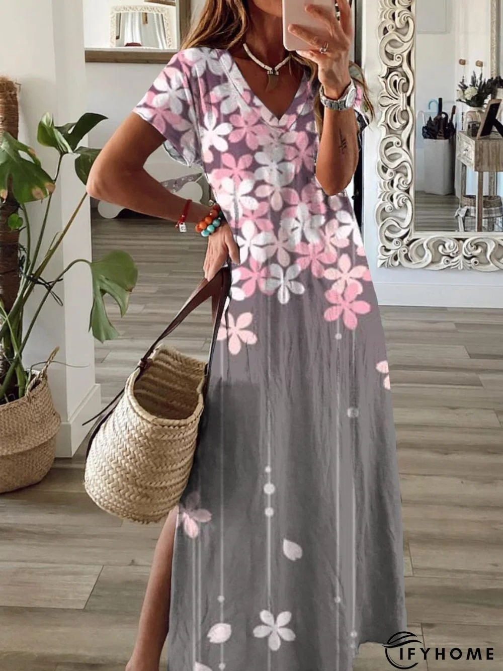 Casual Floral Short Sleeve V Neck Printed Dress | IFYHOME