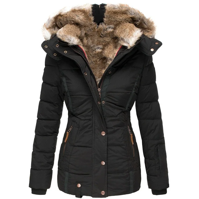 Woherb Winter Warm Wool Collar Cotton-Padded Suit Women's Zipper Long Sleeve Slim Hooded Cotton Coat MG118-Outfit Ideas