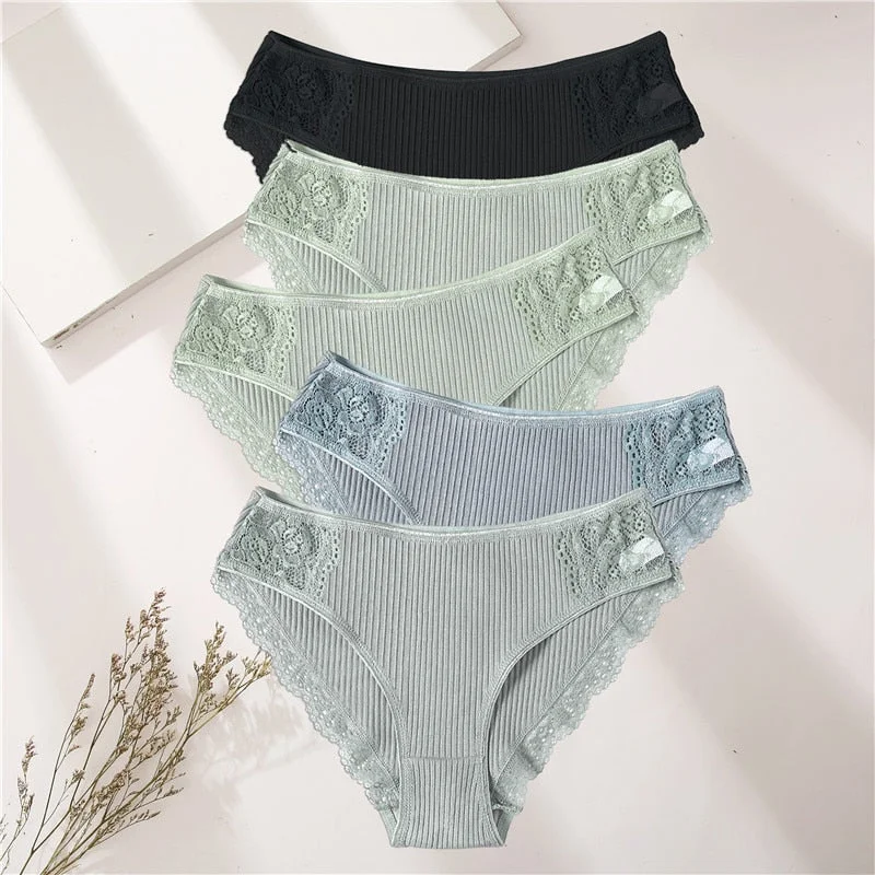 FINETOO 5PCS/Set Women Cotton Underwear Panties Floral Lace Soft Intimates Underpant For Woman Sexy Ladies M-XXL Lingerie Panty