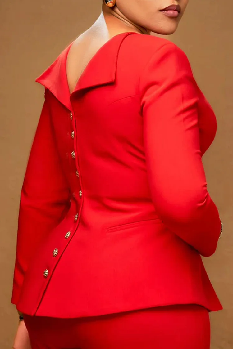 Plus Size Business Casual Red Round Neck Long Sleeve Button Elegant Two Piece Pant Sets [Pre-Order]