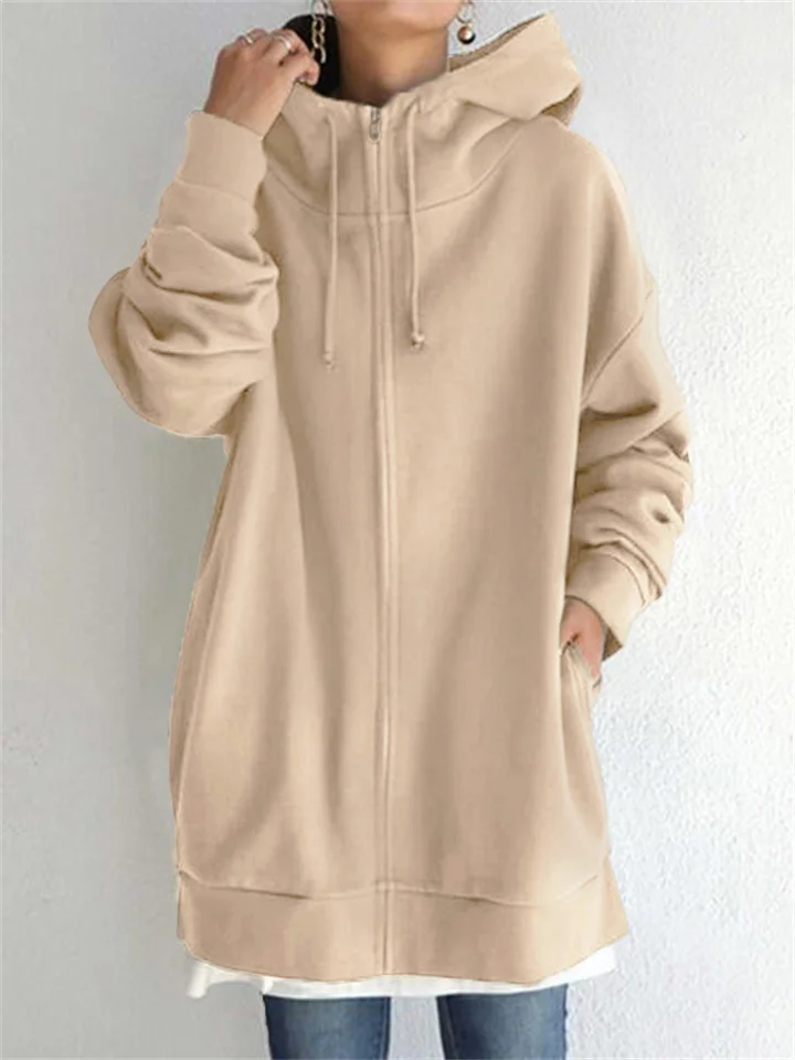 Autumn and Winter Ladies New Personality Street Sweater Zipper Hooded Long Padded Sweater-JRSEE