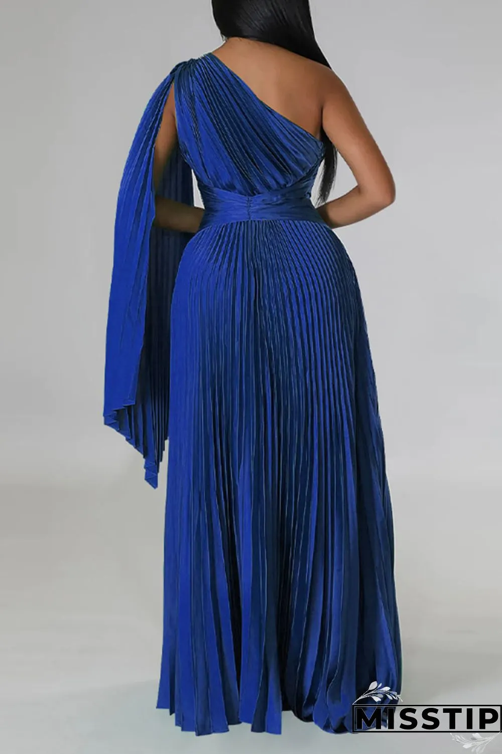 Colorful Blue Elegant Solid Patchwork Fold Oblique Collar Straight Dresses