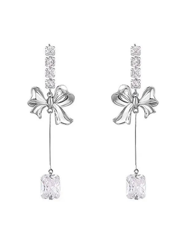 Brownm zircon pendant earrings with bow