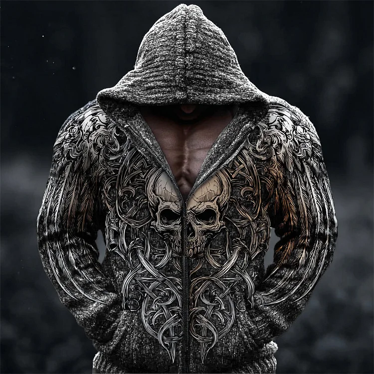 Men's Viking Skull With Wings Celtic Cozy Hooded Cardigan