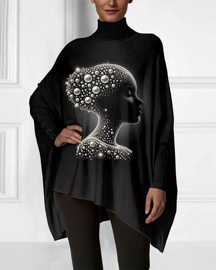 Pearl Black Women Art Irregular High Neck Top