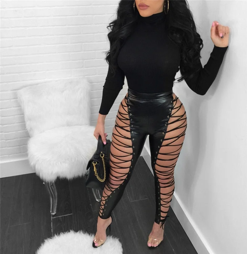 hirigin Hollow Out Lace Up Sexy Pencil Pants Women High Waist Bandage Leggings Club Party PU Faux Leather Pants Female