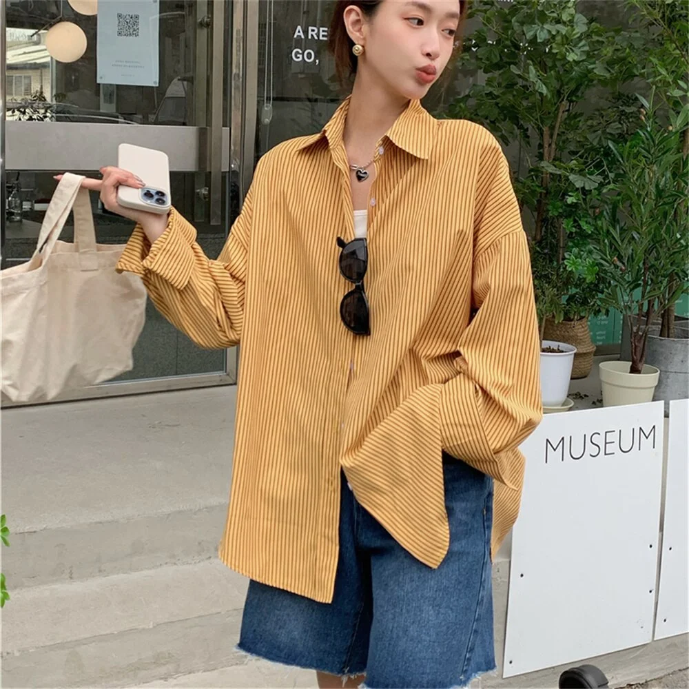 Jangj Alien Kitty Women Shirts Stirpes Sunscreen Summer New Oversize Lapel Chic High Street Work Wear Full Sleeve Loose Hot Casual