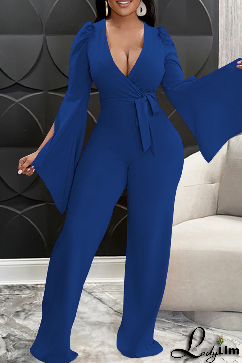 Blue Fashion Casual Solid Bandage Slit V Neck Regular Jumpsuits