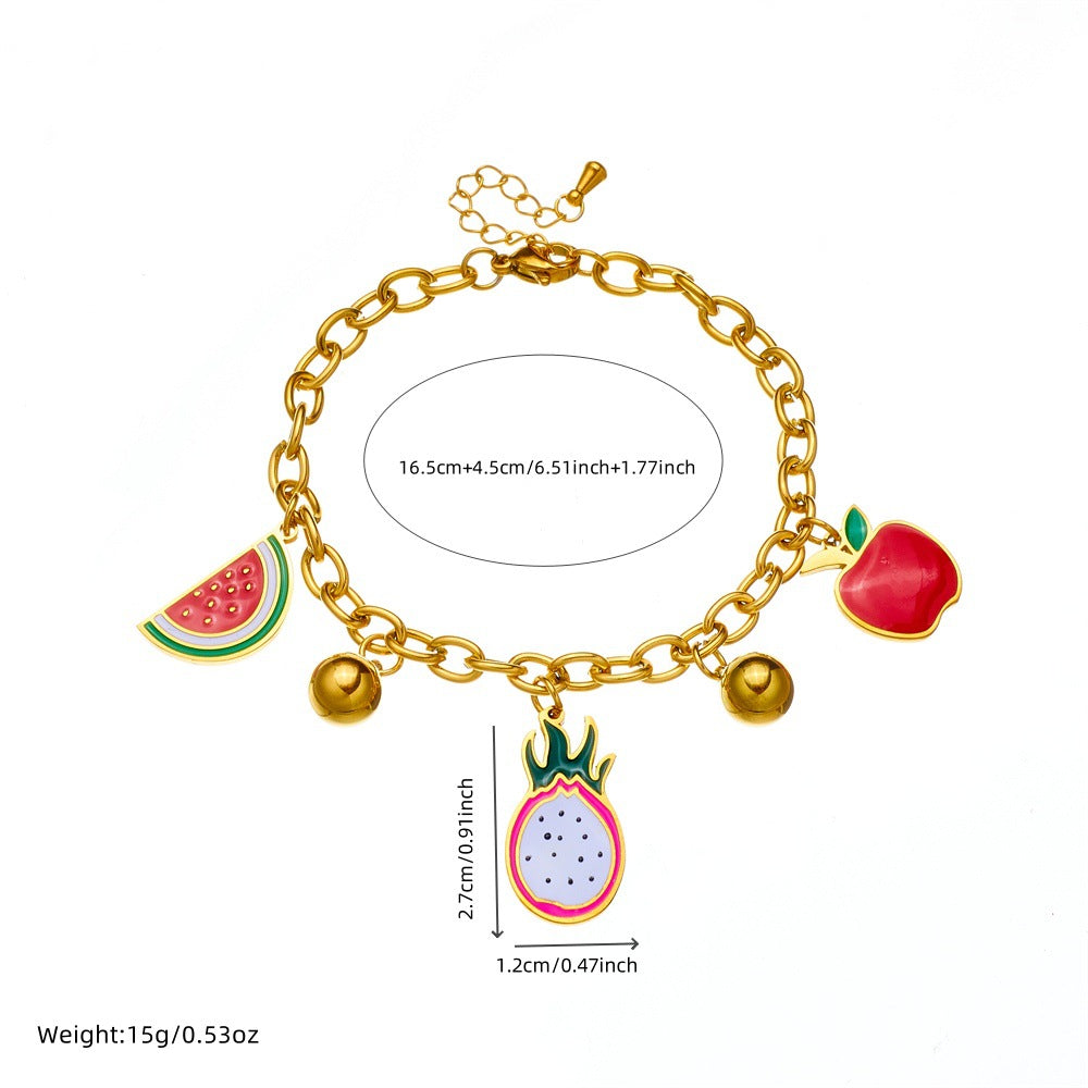 Cute Cartoon Fruit Oil Drop Accessories Dragon Fruit Watermelon Apple Pendant Chain Stainless Steel Bracelet Crystal