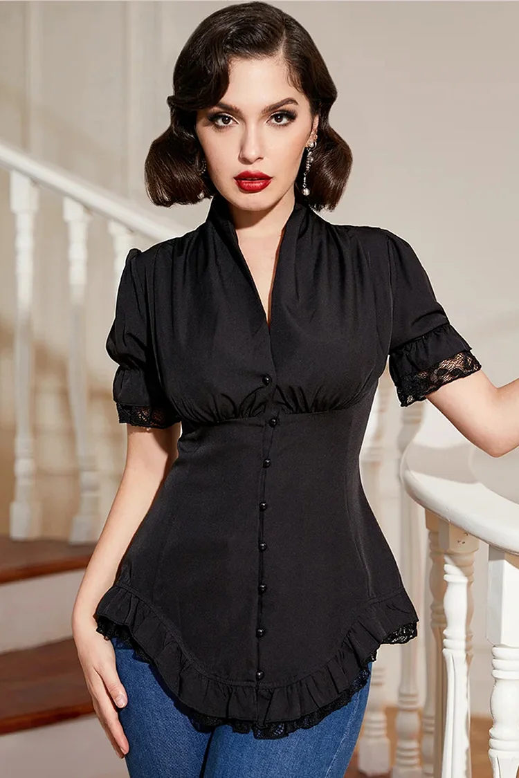 1950s Black Casual V Neck Ruched Lace Button Gridle Blouses [In Stock]