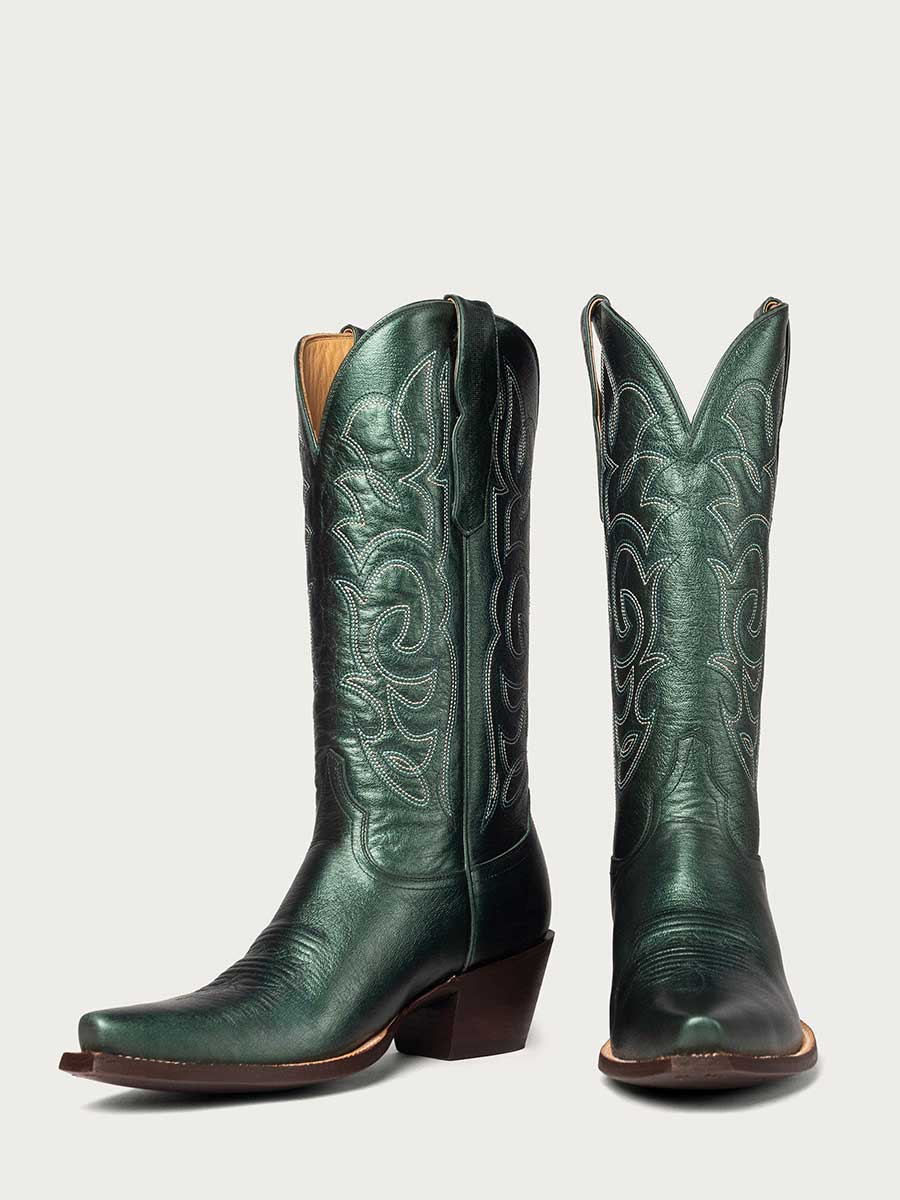Metallic Green Snip Toe Embroidered Mid-Calf Cowboy Boots for Women