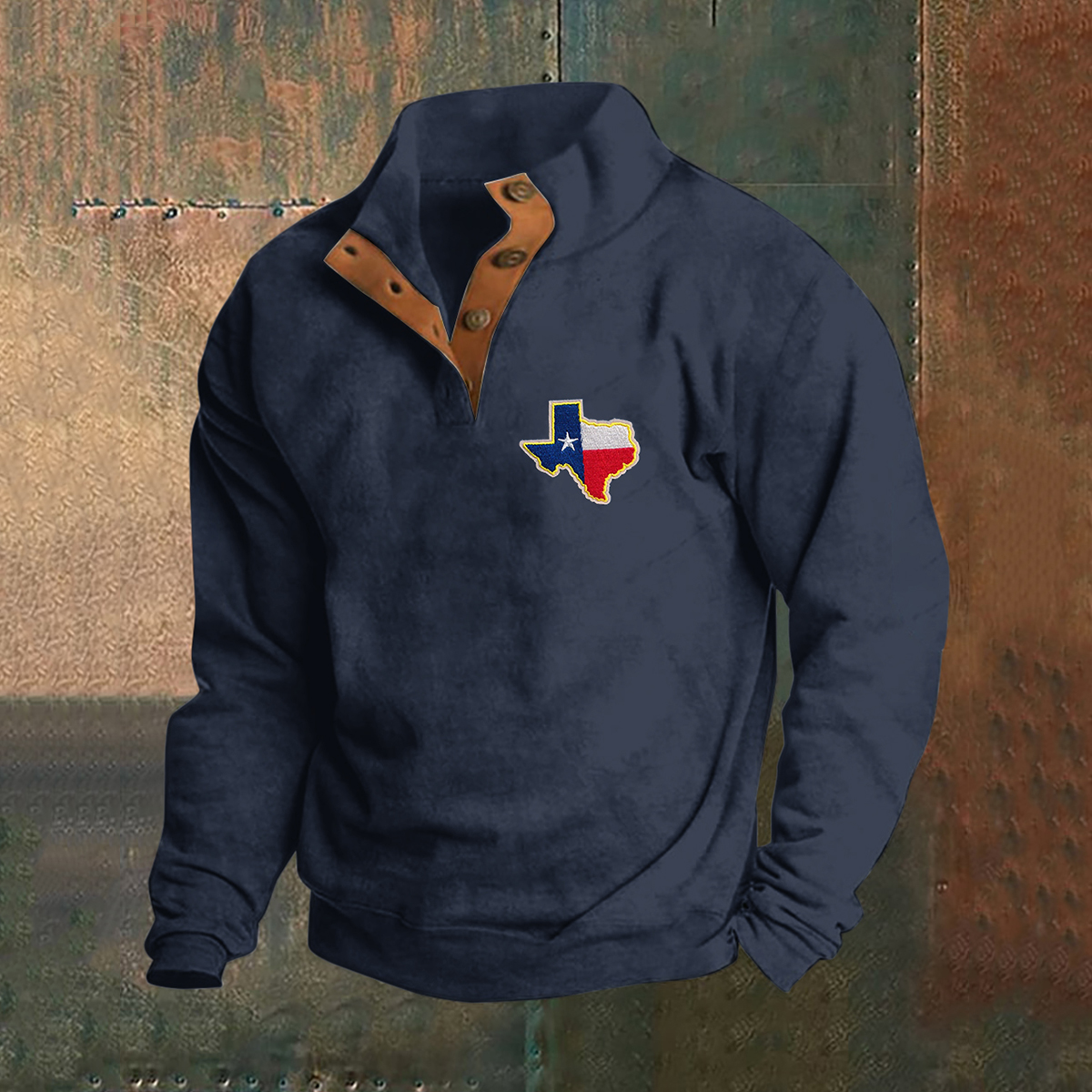 Men's Texas Flag Embroidery Print Stand Collar Button Sweatshirt