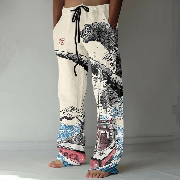 Vintage Godzilla & Waves Art Pattern Linen Blend Casual Pants