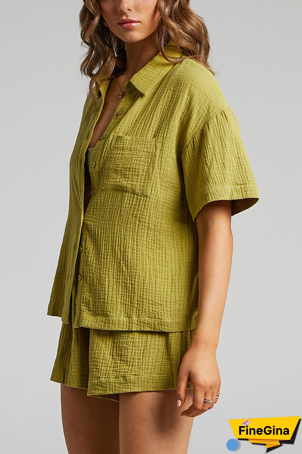 Button Half Sleeve Blouse Short Set