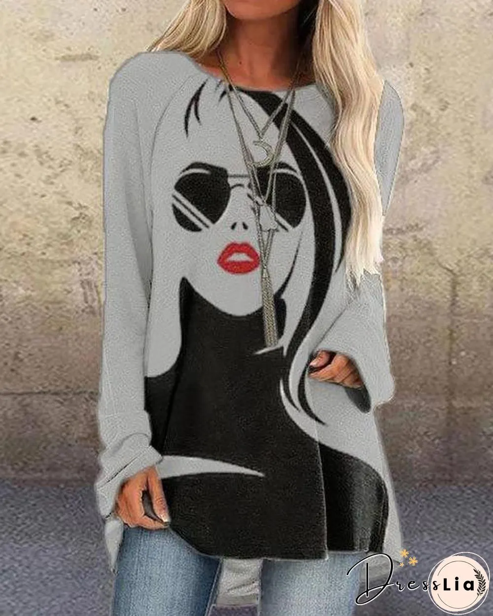 Figure Print Long Sleeve O-neck Casual T-shirt for Women