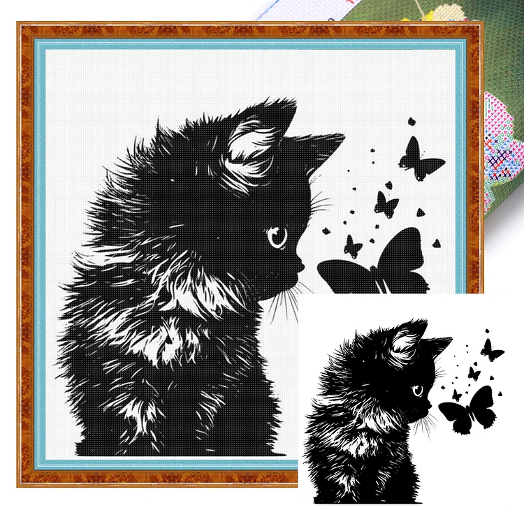 【Huacan Brand】Silhouette-kitten 40*40cm 11CT Stamped Canvas Cross Stitch gbfke