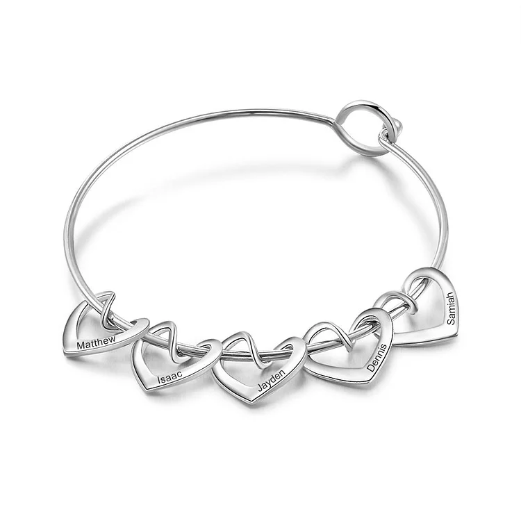 Bangle Bracelet Personalized with 5 Heart Shape charms Engraved 5 Names