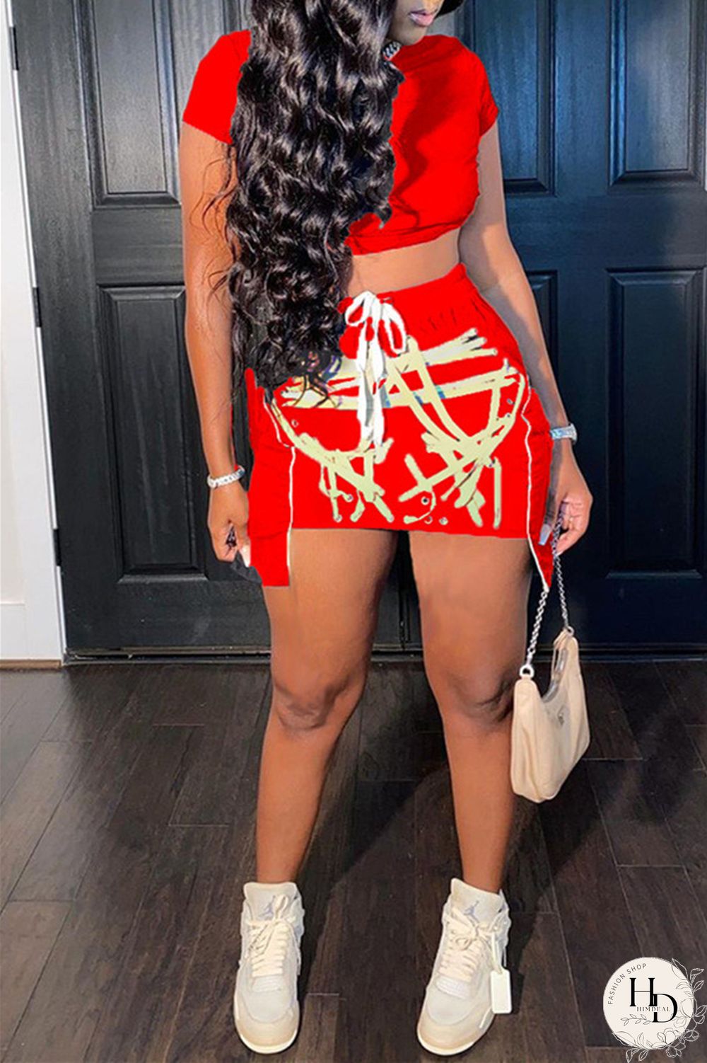 Red Fashion Sexy Print Asymmetrical O Neck Short Sleeve Two Pieces