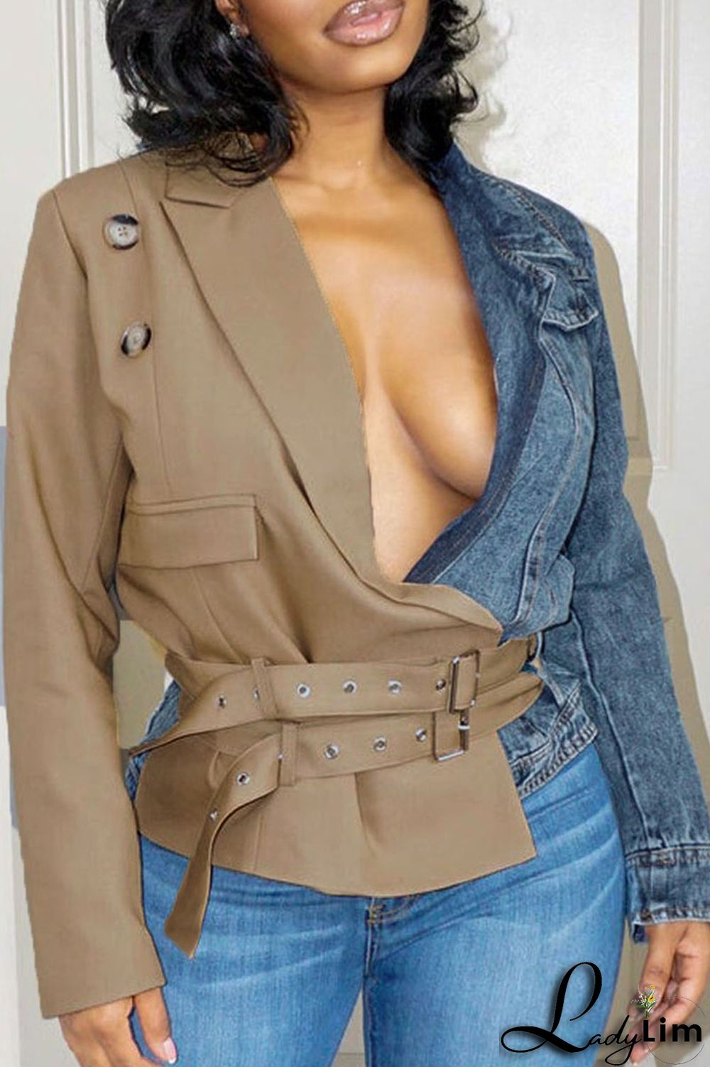 Khaki Street Solid Patchwork Turn-back Collar Outerwear