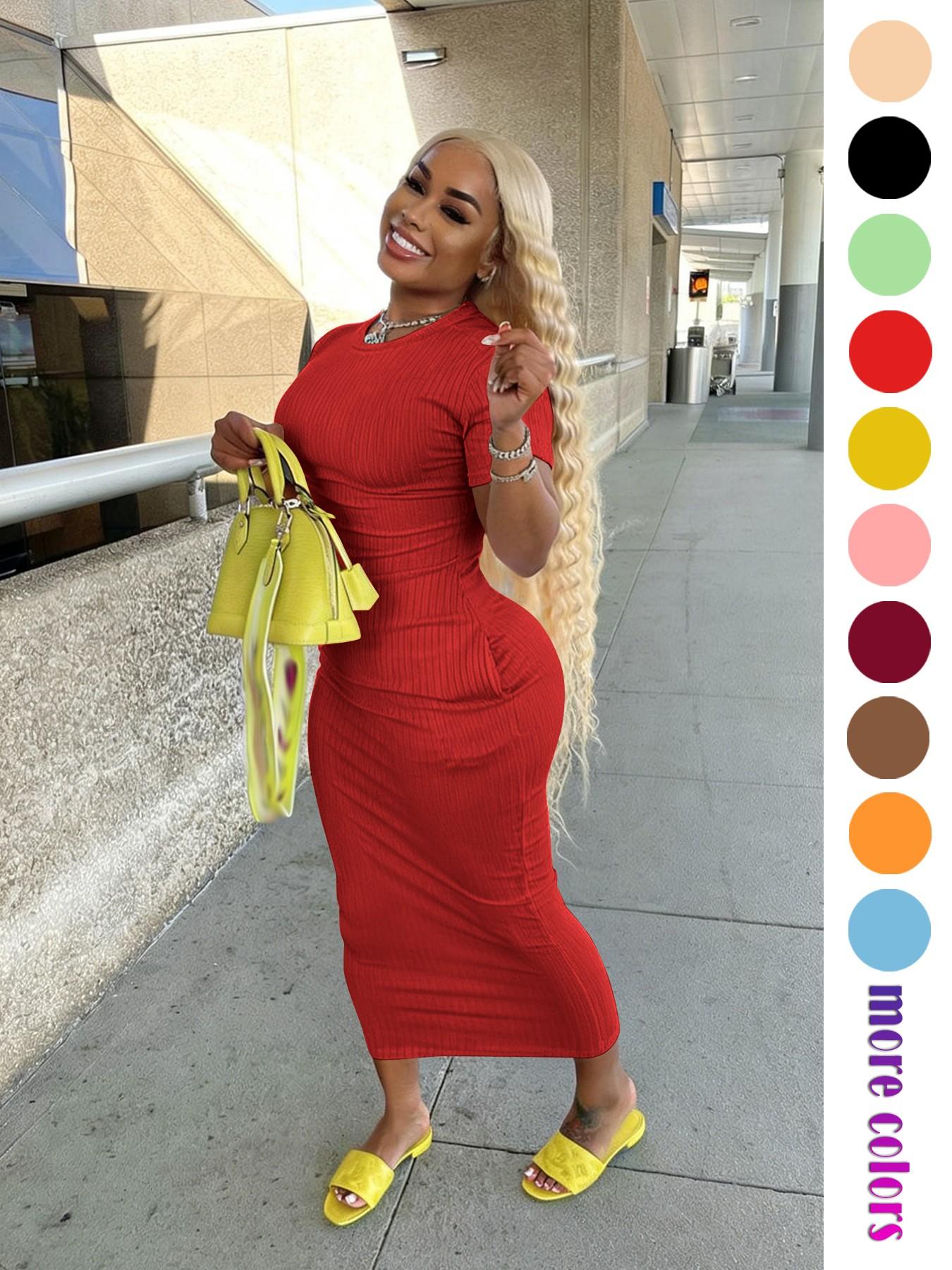 Threaded Elastic Solid Color Bodycon Dress, Breathable Elastic Party Outing Travel Pocket Long Dress, Summer Dress, Everyday Casual Wear, Womenswear