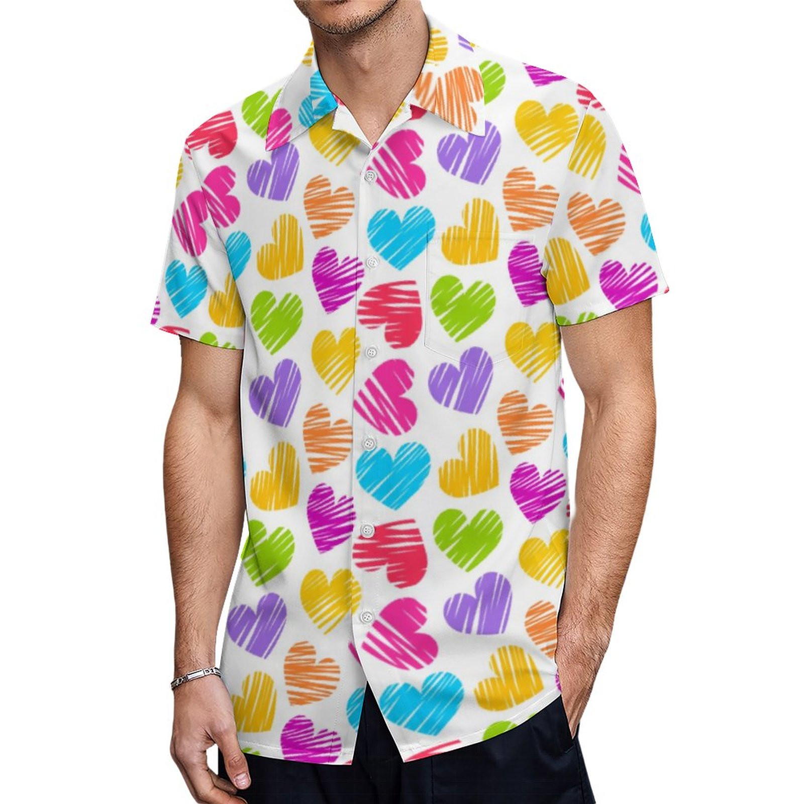 Girly Pastel Love Hearts Pattern Drawstring Bag Hawaiian Shirt Mens Button Down Tropical Hawaii Beach Shirts
