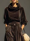Vintage brown velvet hoodie and loose-fitting trousers set（Includes belt）