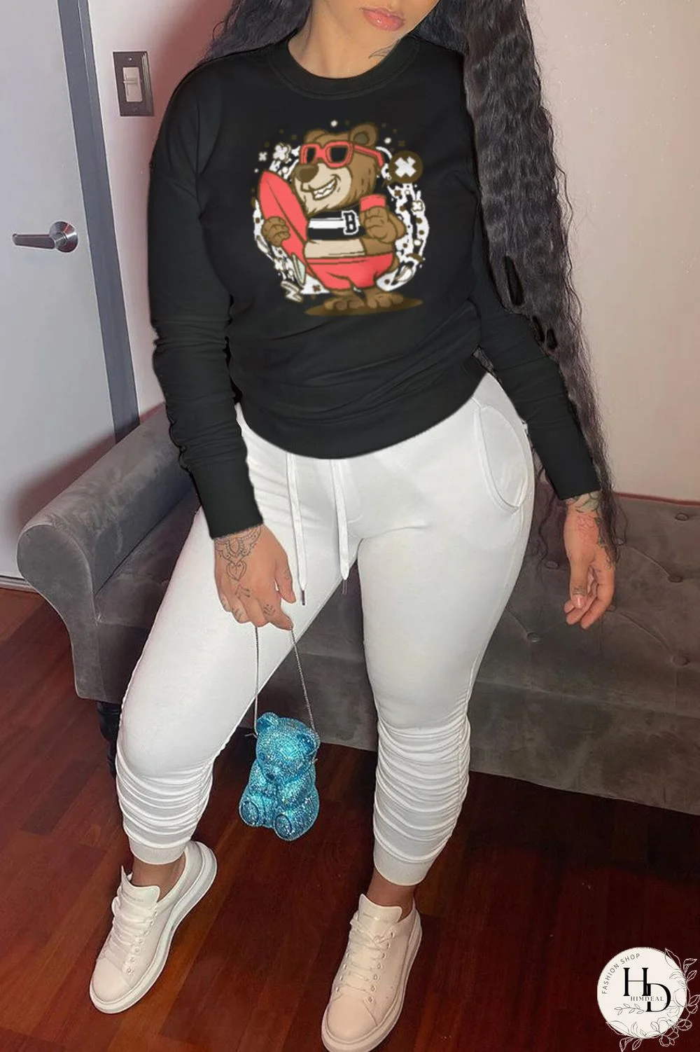 Black Fashion Street Character Patchwork O Neck Tops