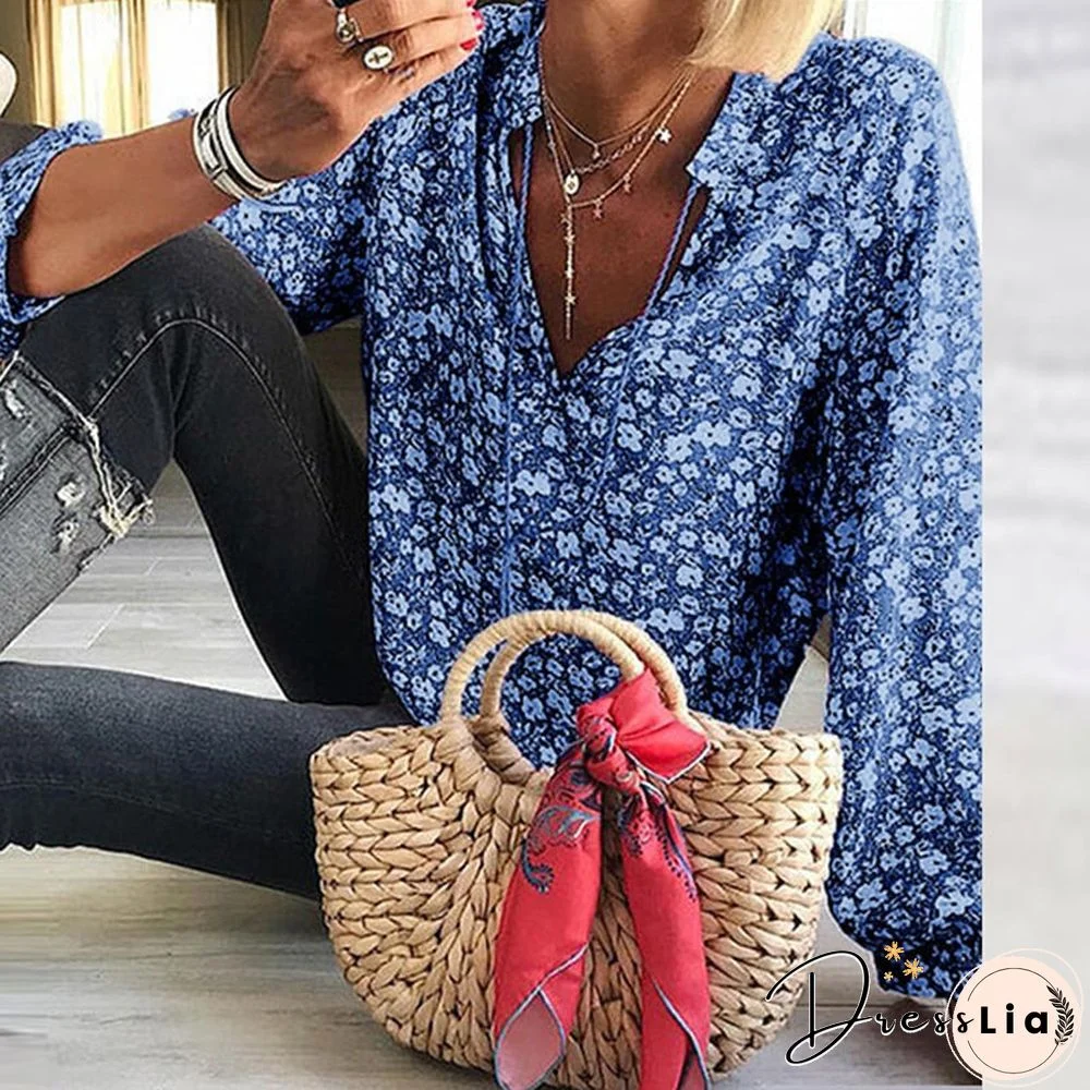 Fashion Nine Quarter Women Blouses Shirts Casual Floral Print Loose Pullover Tops Spring Elegant Ladies V-Neck Blusas Streetwear