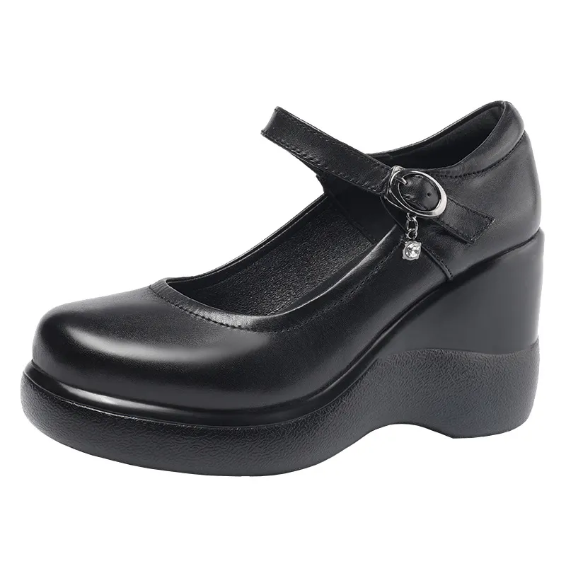 Breakj Breakj Head 8CM High-Slope And Waterproof Table Single Shoe Round Head Buckle Loose Cake Thick-Soled Mother Shoes Flat Bottom Shallow Women's Shoes