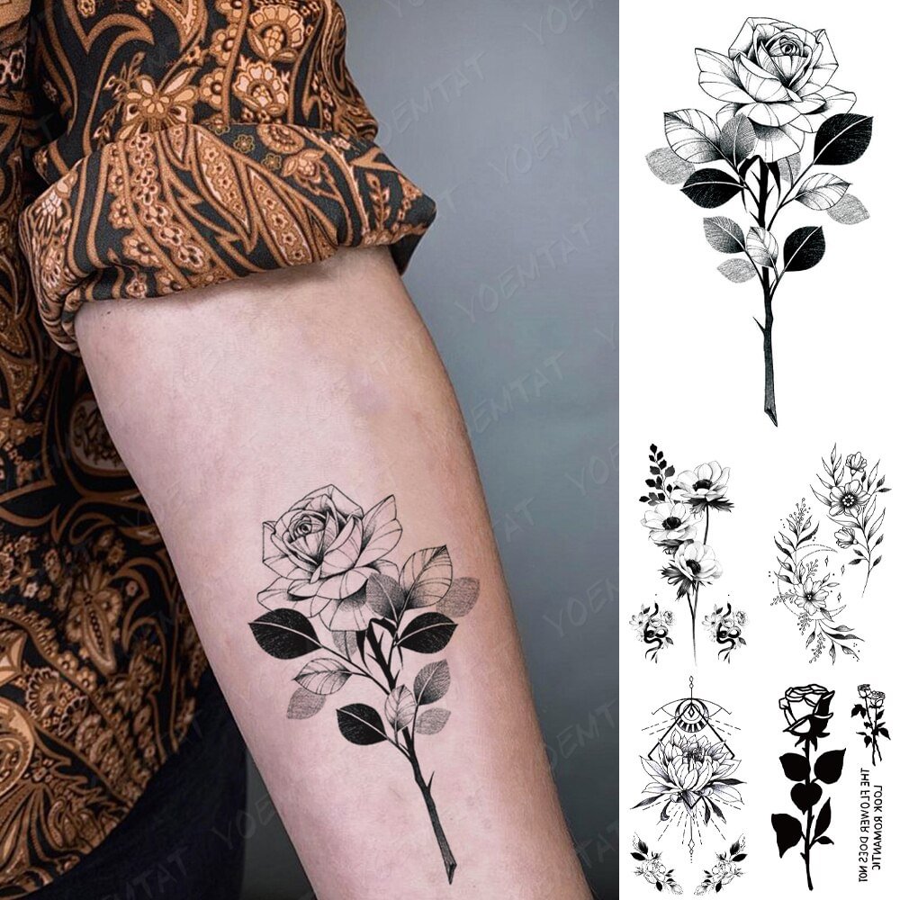 Black Rose Waterproof Temporary Tattoo Sticker Children Small Size Flower Arm Cheap Tatoo Women Flash Semi-permanent Tatto