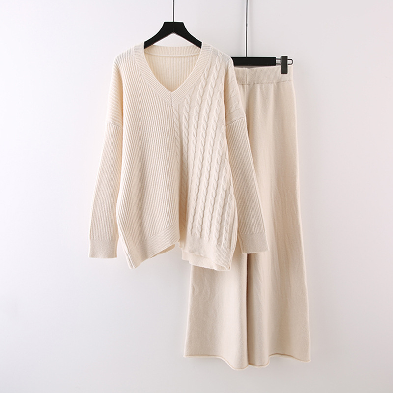 Rotimia Irregular sweater knitted wide-leg pants two-piece set