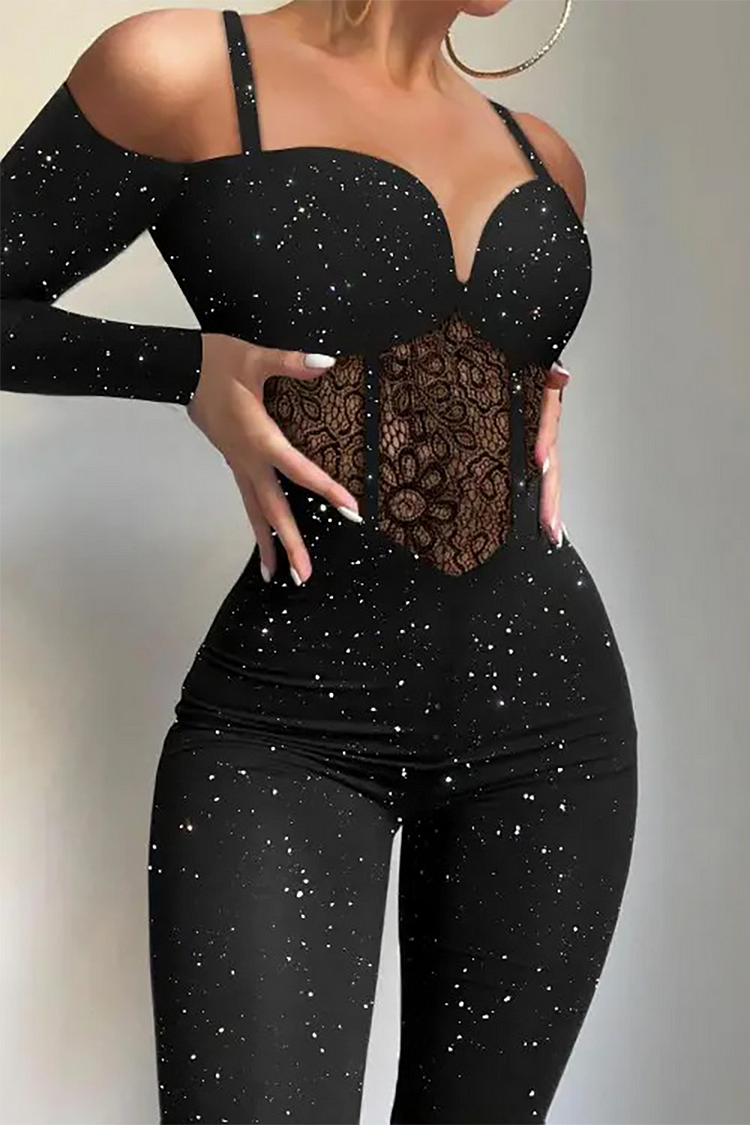 Cold Shoulder Cami Long Sleeve Lace Patchwork Shimmering Jumpsuit-Black
