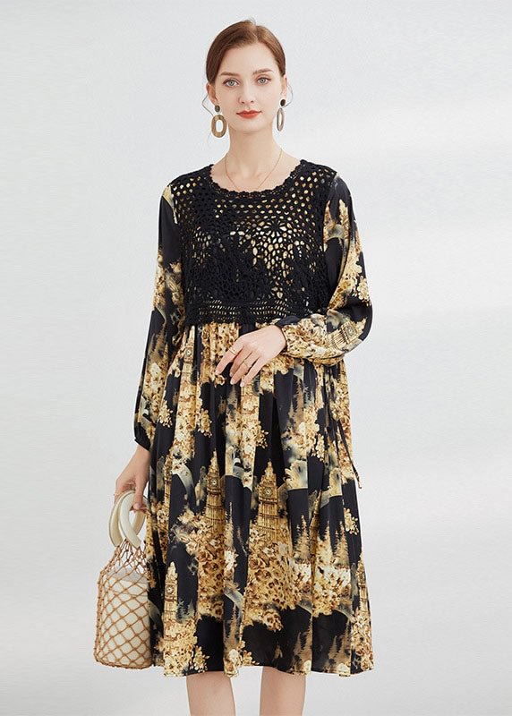 Plus Size Black Hollow Out Print Dress Spring CK2953- Fabulory